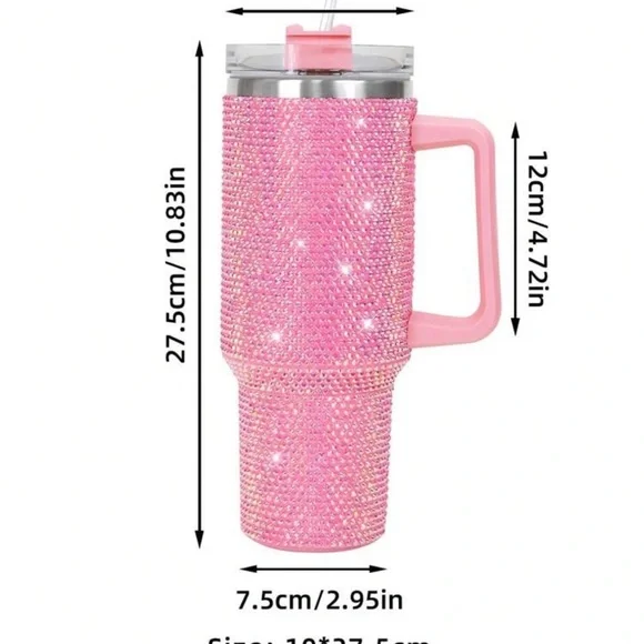 Pink Rhinestone Tumbler Stainless Steel Style 40oz with Handle New - Picture 12 of 15